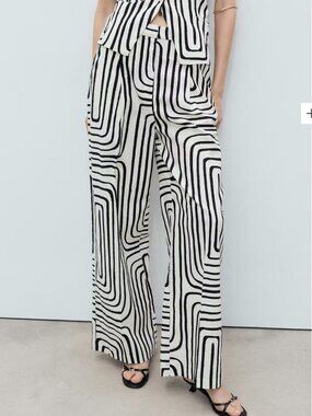 MANGO Women's Black and White Geometric Stripe Print Linen Pants Sz 2 NEW w TAGS
